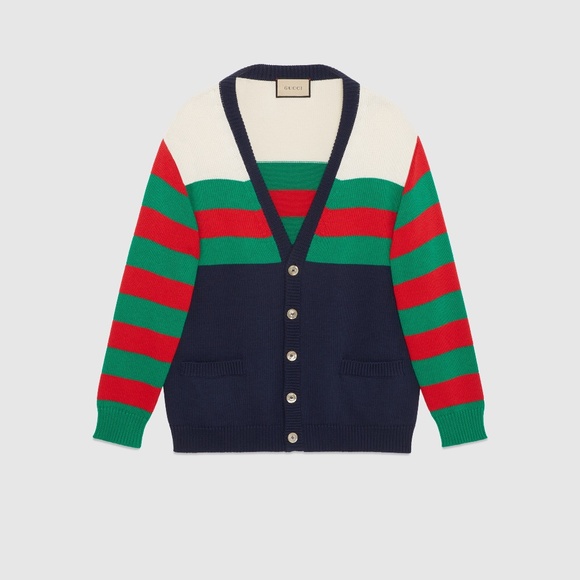size XL - Gucci Cotton Wool Striped Cardigan Red Green Navy Web V-Neck